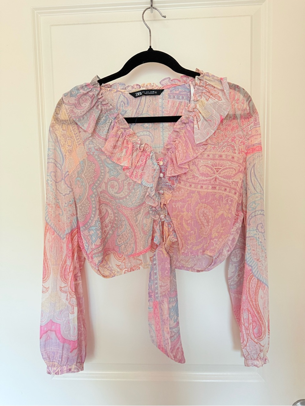 Zara Pastel Paisley Ruffle Tie-Front Blouse